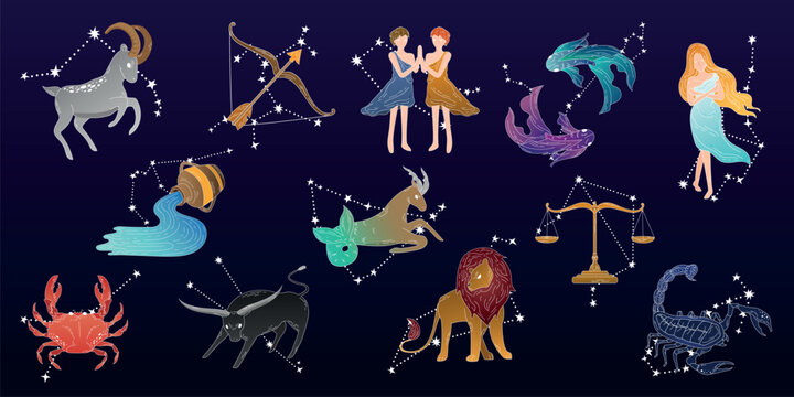 Vector illustration of zodiac signs with constellations on a dark background.