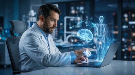 Fototapeta premium Male doctor pointing at laptop screen with futuristic glowing 3D brain scan and medical holograms. Concept of AI in healthcare, modern digital medicine and innovative diagnostics