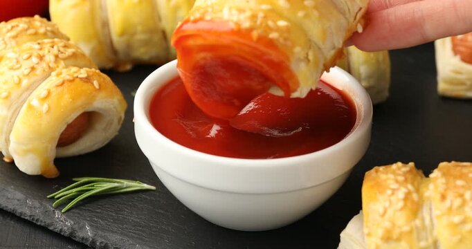 Puff pastry. Woman dipping tasty sausage in dough into ketchup at black table, closeup