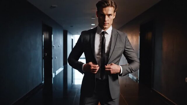 Confident young businessman in a suit walking down a modern dark hallway with dramatic backlighting
