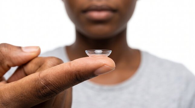 Extreme close-up of an African American woman holding a transparent contact lens on her fingertip. Vision care, optometry and ophthalmology concept, isolated on white background