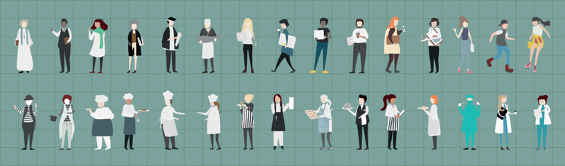Obraz premium Vector of diverse professionals, men and women, in various occupations on a grid.