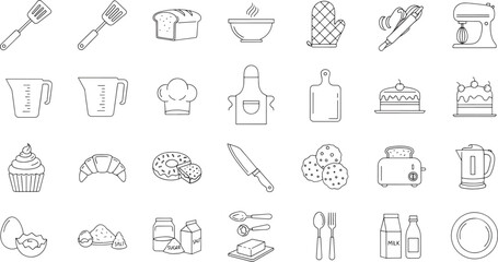 Fototapeta premium Collection of black line baking and cooking on white background kitchen food ingredients