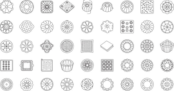 Collection of black and white outline of various baking molds and cookie cutters