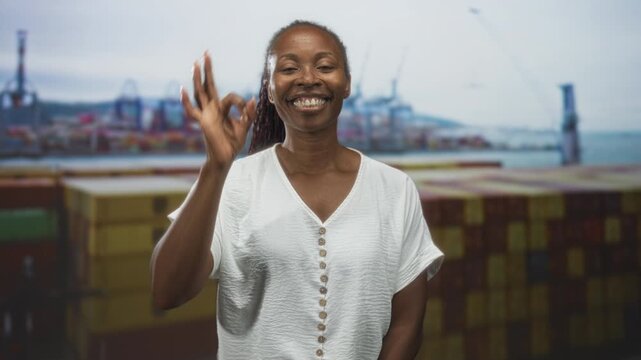 Woman gives double thumbs up gesture and wide smile in a studio with shipping containers and port cranes behind; joy approval.