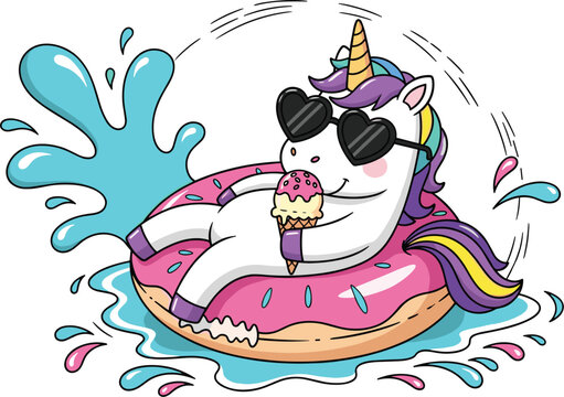 Cute Cartoon Unicorn Floating on a Donut Swim Ring Eating Ice Cream for Summer Pool Party and Tropical Vacation Graphic Designs