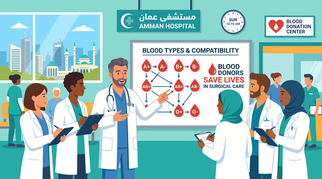Medical Team Learning Blood Type Compatibility in Amman Hospital