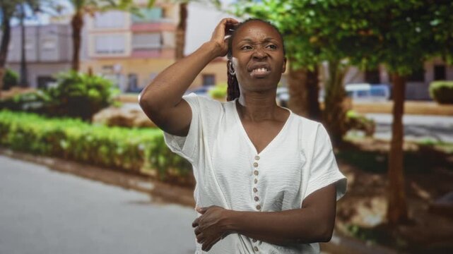 Young african american woman scratching head and holding her stomach on a city street with trees and buildings, grimacing; confusion.