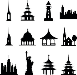 Fototapeta premium Famous landmarks vector, world monuments icons, global architecture silhouettes, travel, historic buildings, tourist symbols