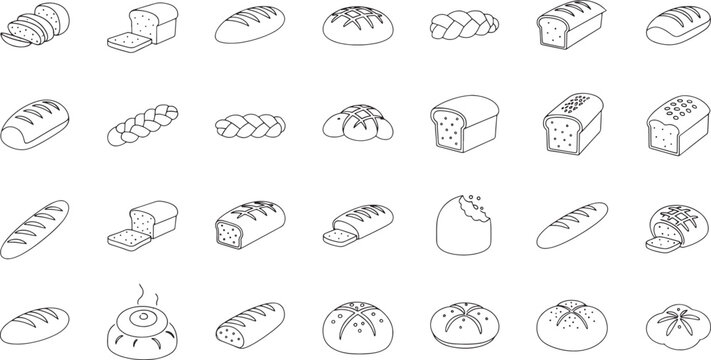 Collection of line of various bread types and baked goods loaf sliced bread baguette braided bread
