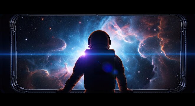Astronaut Gazing at Nebula in Outer Space Through a Futuristic Window.