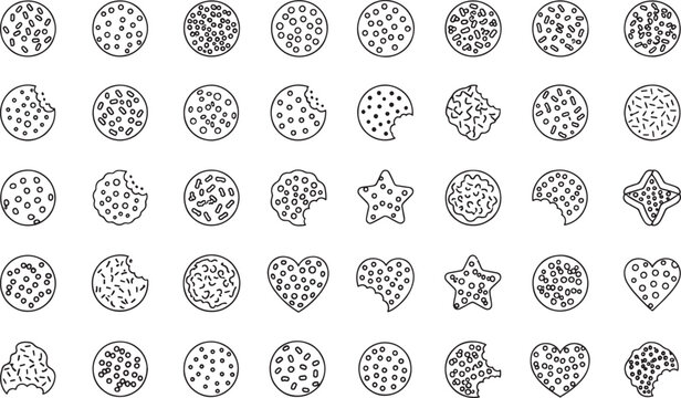 Collection of outline cookies with various toppings and bite marks