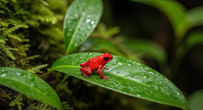 Tiny Red Frog Perched on a Dew-Kissed Green Leaf in Rainforest.