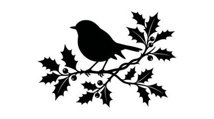 Black silhouette of a bird on holly berry branch. © Satria