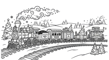Christmas train in snowy landscape coloring book page. © Satria