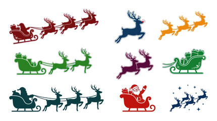 Colorful Santa Claus sleigh and reindeer silhouette collection. © Satria