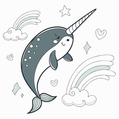 Whimsical narwhal illustration with rainbows and stars in a cute doodle style illustration underwater creature © Hafiz