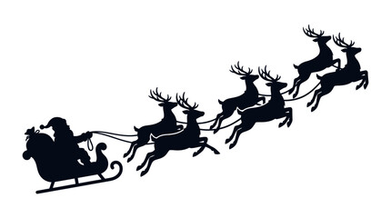 Santa Claus flying in his sleigh pulled by reindeer silhouette. © Satria