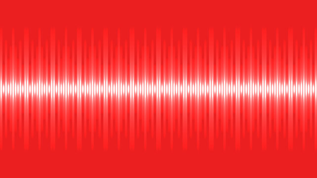Vibrant red digital audio waveform graphic with glowing white vertical lines representing sound frequency patterns on a solid red background