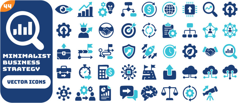 Core Business and corporate strategy solid icon set. Featuring vision, revenue model, market expansion, digital transformation, and business growth. Vector icons for presentations and annual reports.