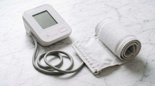 White digital blood pressure monitor resting on a marble surface