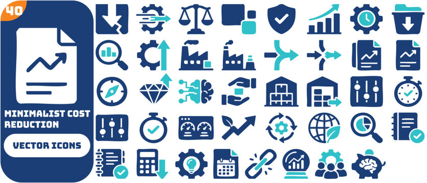 Cost Reduction and Financial Savings solid icon set. Featuring expense management, budget cut, resource optimization, and asset rationalization. Vector icons for corporate projects and annual reports.
