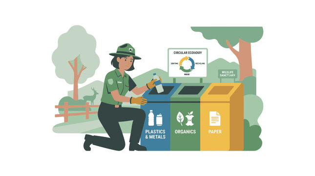 Park Ranger Sorting Waste into Recycling Bins in a Green Park Environment.
