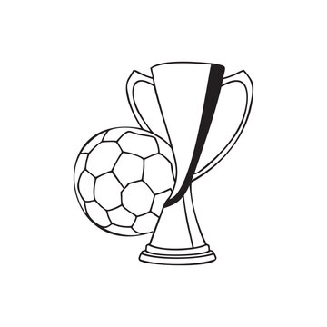 Minimalist black and white line art of a soccer ball beside a championship trophy, symbolizing victory and achievement in football tournaments.