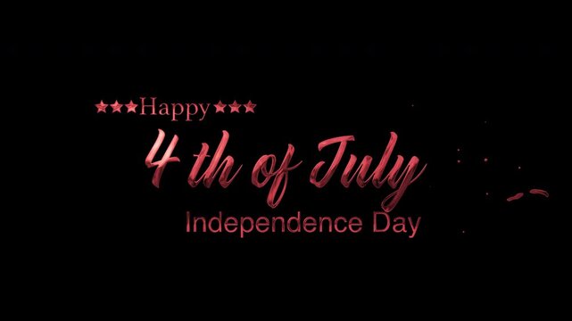 Animated red 3D lettering "Happy 4th of July Independence Day" with stars, isolated on transparent alpha, perfect for holiday greetings, patriotic events and celebrations.