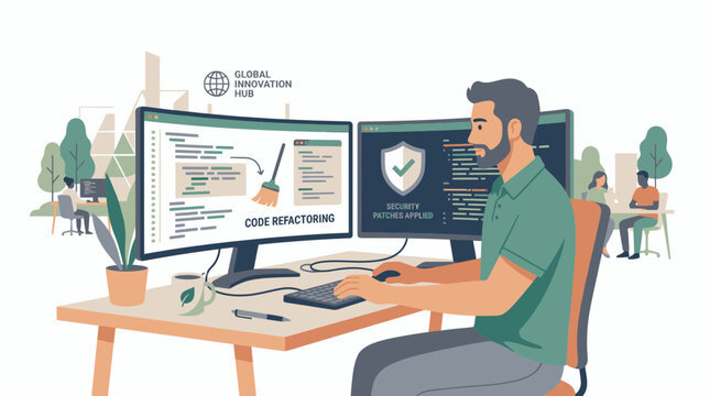 Male software developer working on code refactoring and security enhancement at a dual monitor desk setup vector illustration.