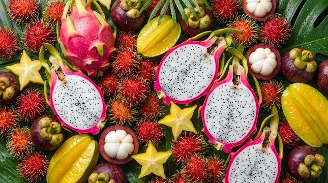 Exotic tropical fruit mix featuring dragon fruit mangosteen and star fruit tropical mangosteen