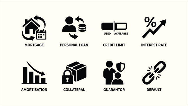 Modern solid black finance and loan banking icon set for UI design