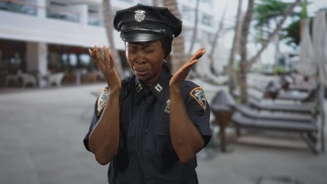 Woman police officer pressing hands to face, eyes closed and pained in front of building with poolside chairs and palm trees; distress fatigue.