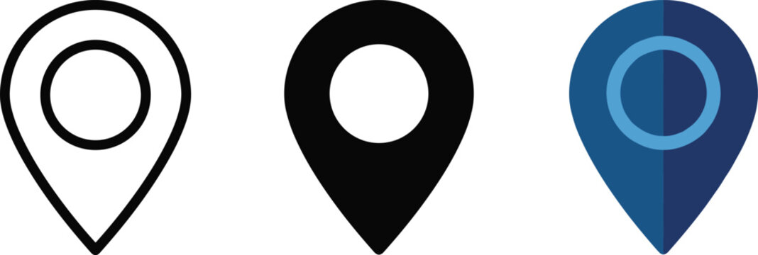 Adobe Illustrator Artwork,Location Pin Icon Set Vector Collection with Line Outline and Filled Glyph Styles Map Marker Navigation Symbol in Black and Blue for Web App UI Travel Design
