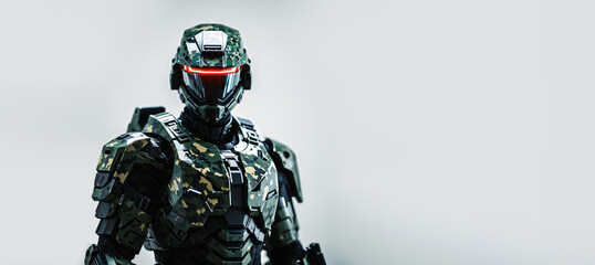 Obraz premium futuristic sci-fi soldier cyborg wearing heavy camouflage green tactical body armor with a glowing red visor and visible mechanical components