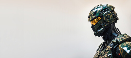 Obraz premium side profile of a futuristic military cyborg soldier in green camouflage tactical body armor with a bright glowing orange helmet visor