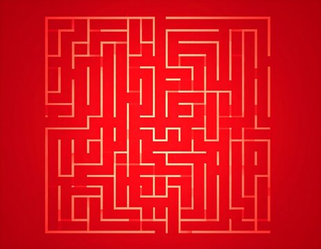 Complex, square maze on a red background.  Light gold/tan lines.  Intricate pathways