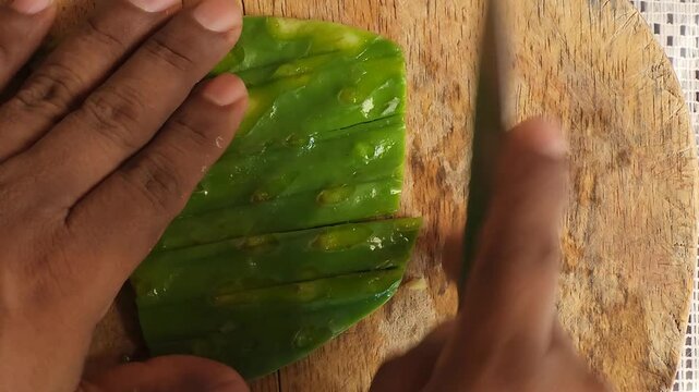 Slicing Fresh Green Nopales Cactus Into Small Diced Pieces Close Up