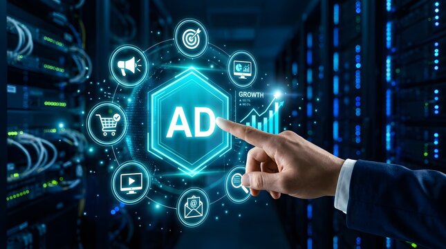 Digital advertising technology concept with server room background and hand interaction