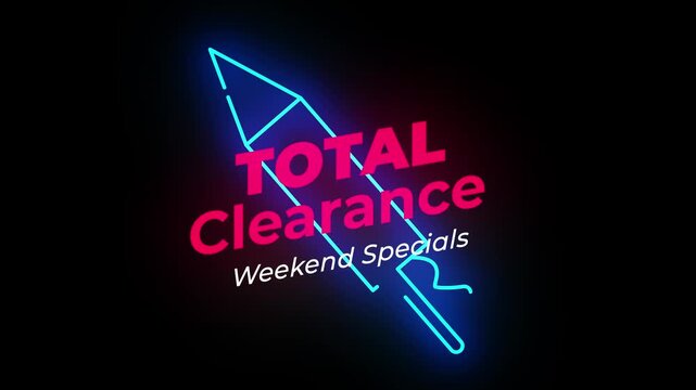 Total clearance weekend specials text animation featuring vibrant neon rocket graphics and glowing typography for retail marketing video motion background