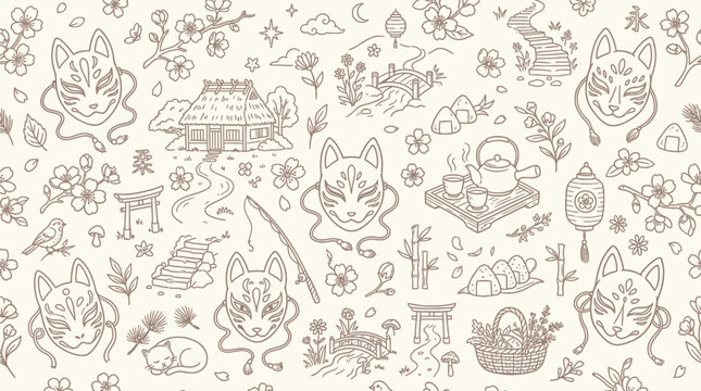Seamless pattern with Japanese cultural elements and motifs, including Kitsune masks, cherry blossoms, and traditional architecture.
