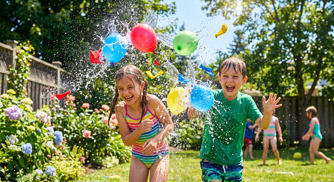 Children who feel fun and cool by playing water balloons in hot weather.