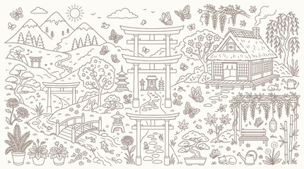 Fototapeta premium Charming Japanese Garden Landscape with Torii Gates, Traditional House, and Butterflies.