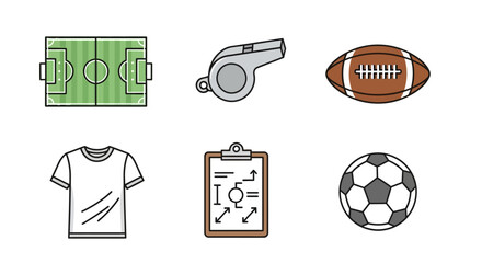Sports Icons: Soccer Field, Whistle, Football, Jersey, Clipboard, Soccer Ball © Instrumen
