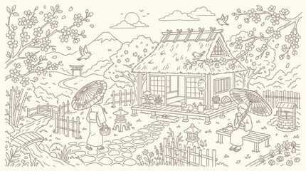 Obraz premium Idyllic Japanese Village Scene with Traditional House, Cherry Blossoms, and Mount Fuji in the Background.