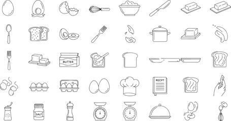 Fototapeta premium Collection of line for cooking and breakfast food preparation fried egg cracked egg whisk bowl