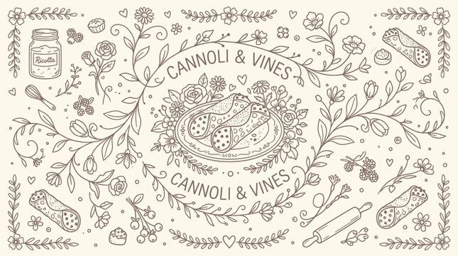 Hand-drawn illustration of cannoli and floral elements, perfect for bakery or Italian food branding.