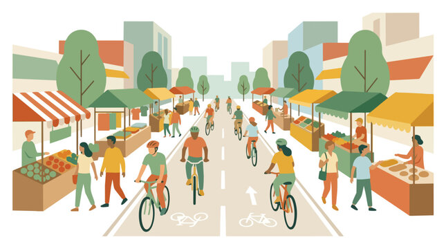 Active mobility A vibrant street scene with people biking and enjoying a local market, promoting healthy lifestyles