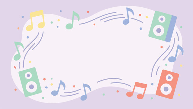 Pastel musical background with speakers and floating notes for design.