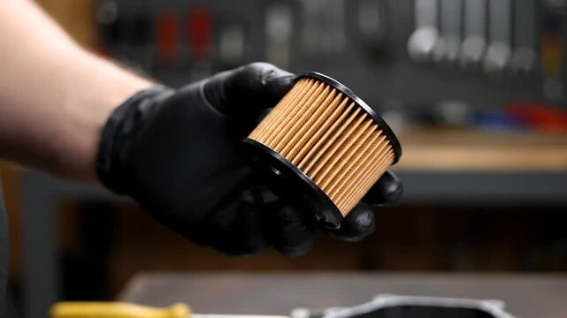Mechanic holding an oil filter replacement.